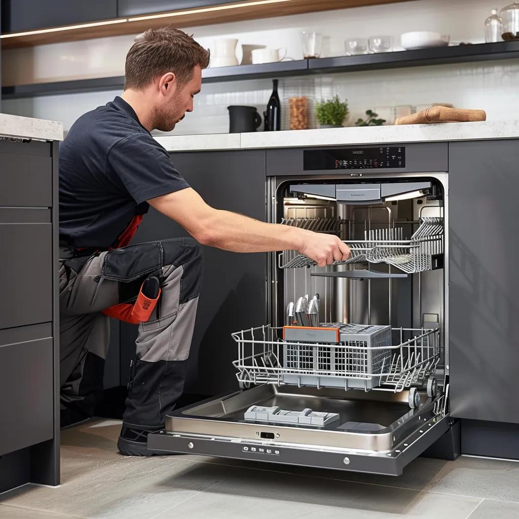 Installer positioning a new dishwasher in a kitchen, highlighting the benefits of professional appliance installation